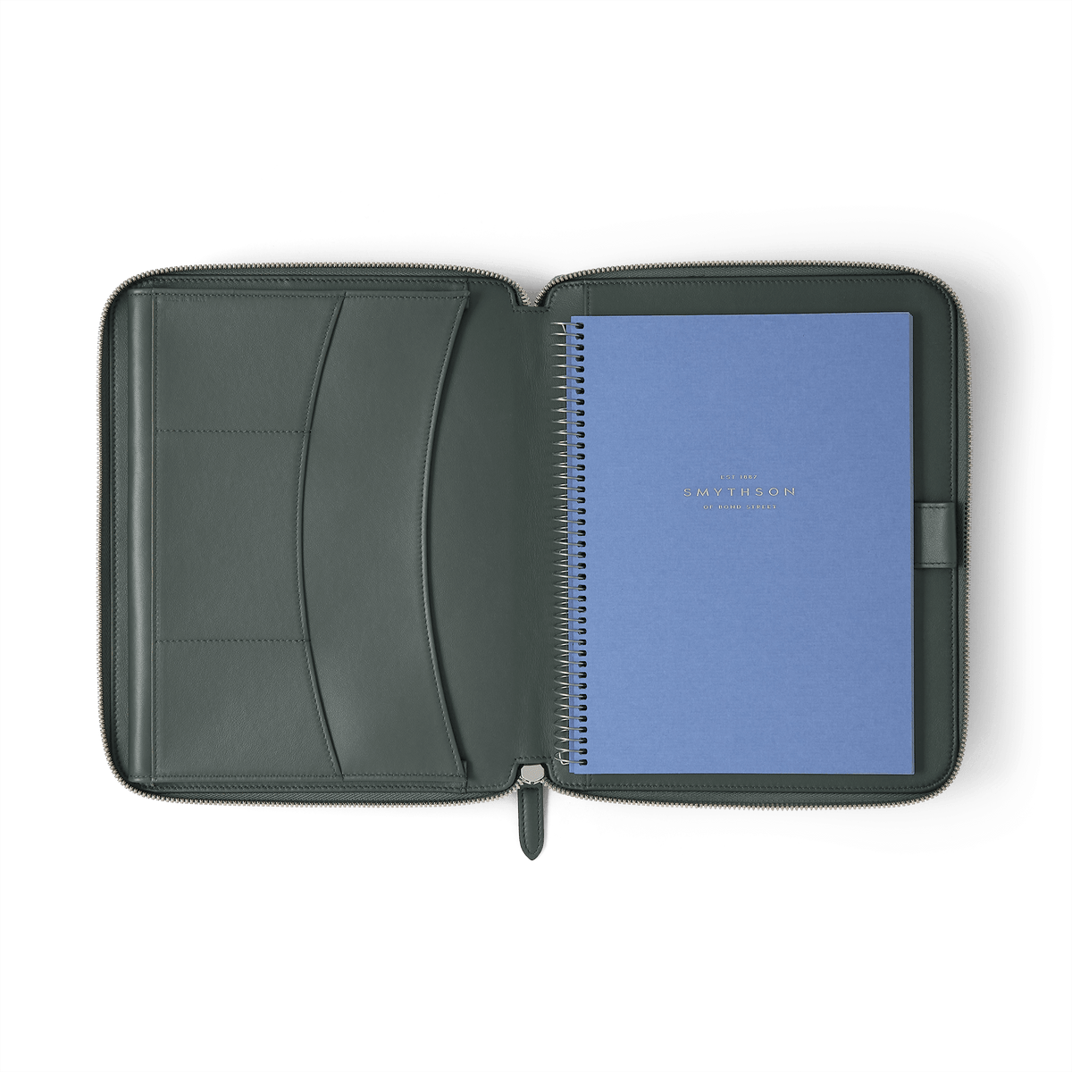 A5 Writing Folder with Zip in Panama in Slate Green | Smythson