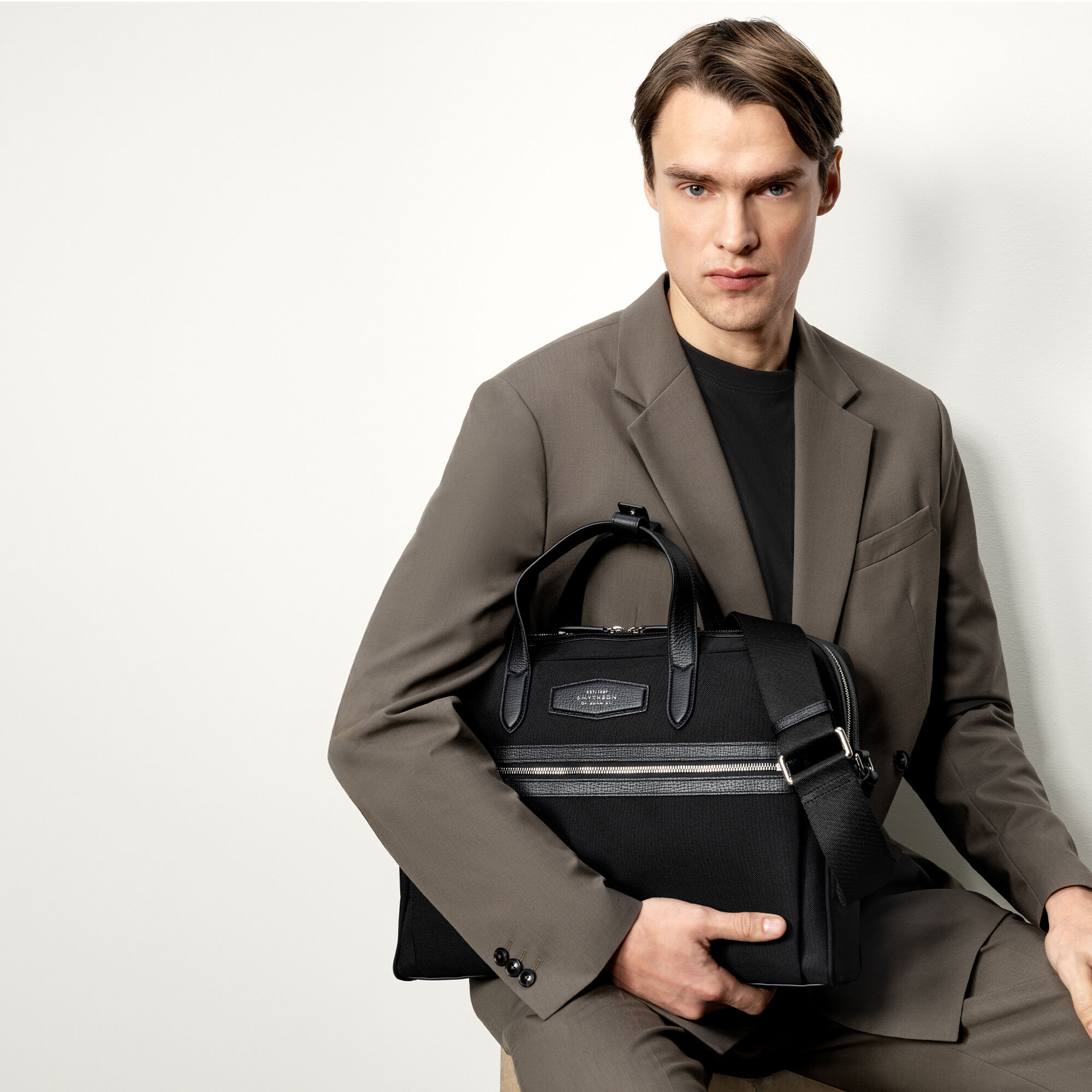 Slim Briefcase in Norton Canvas in black | Smythson