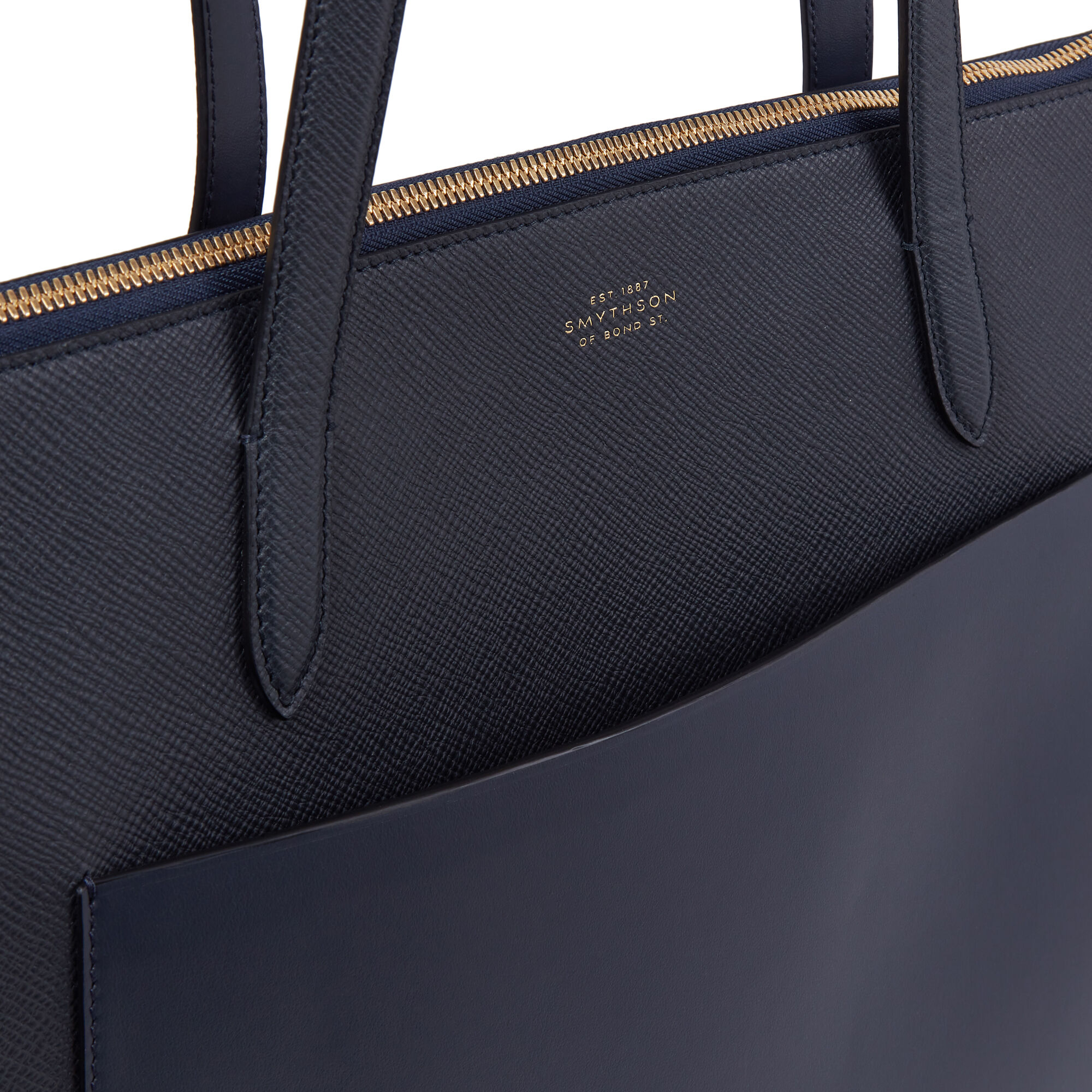 East West Tote Bag with Zip in Panama in navy Smythson