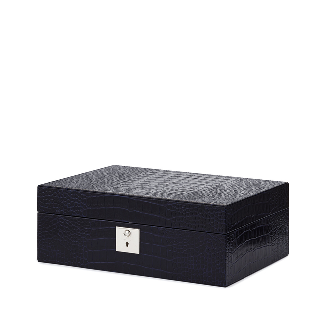 Smythson Mara Croc-effect Leather Jewelry Box - Navy