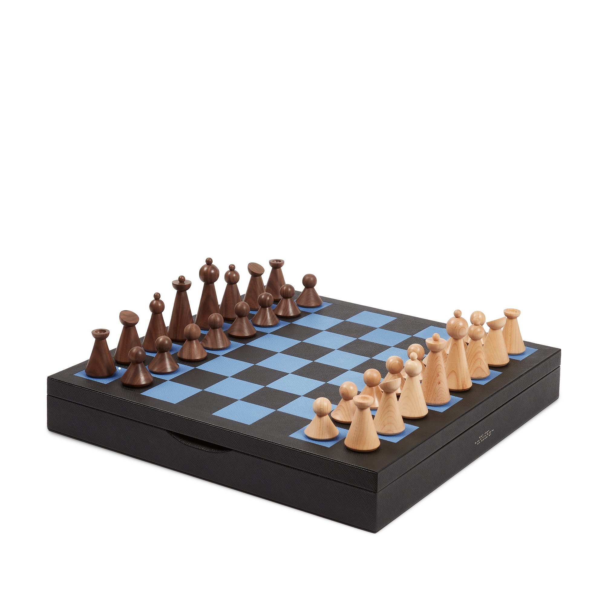 Smythson black Leather Roll-Up Chess Set